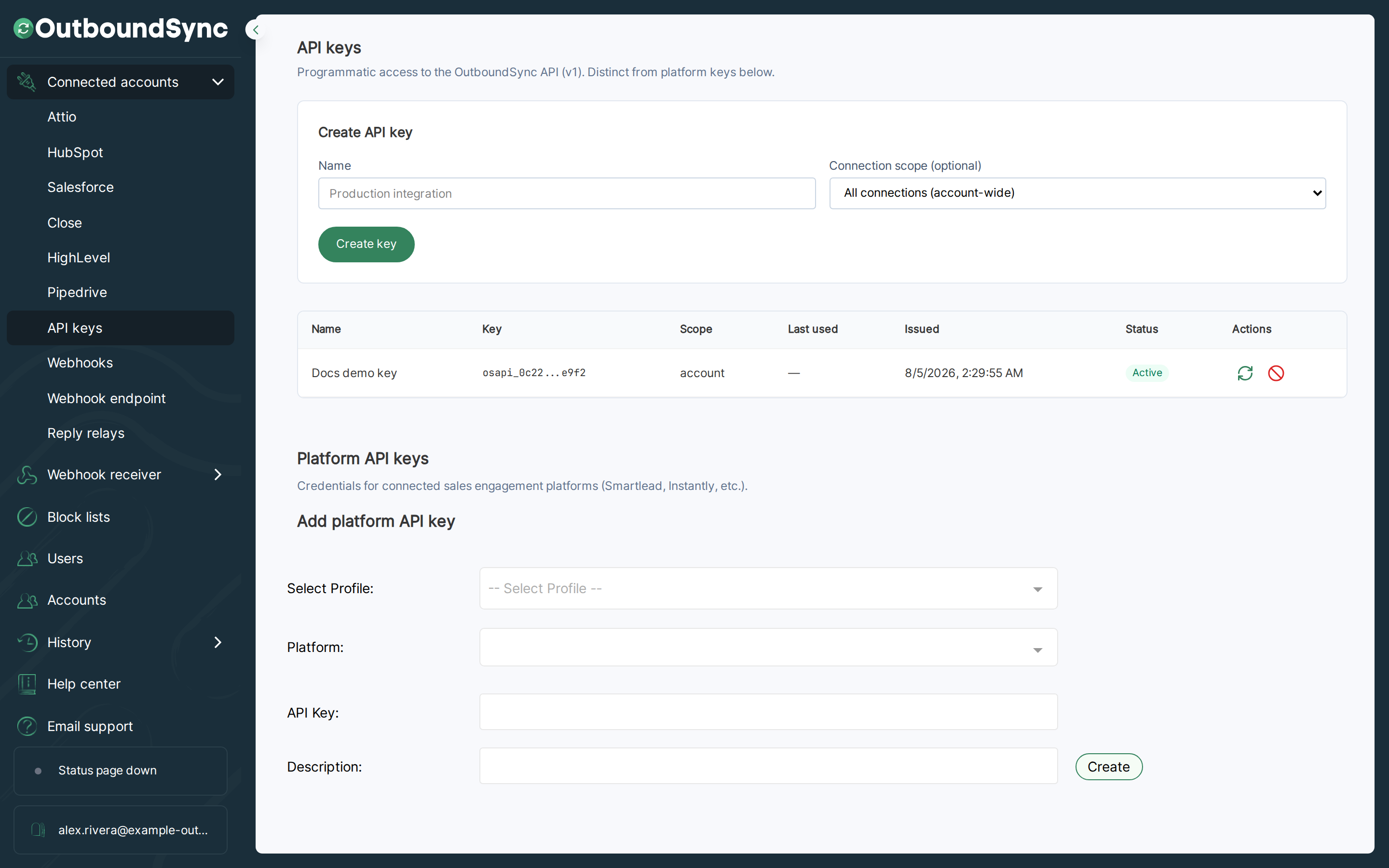 Previous stacked API keys page showing Docs demo key and Acme Smartlead with a Lead Categories View button