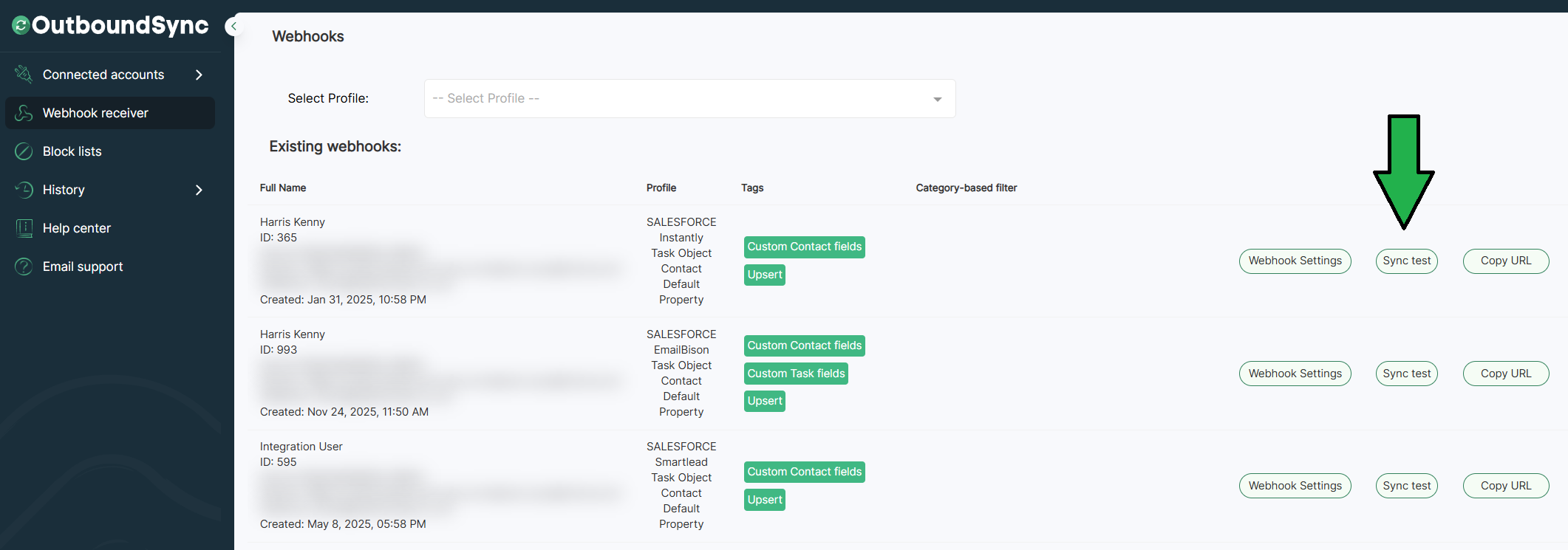 OutboundSync Testing Modal opened from Sync Test on a webhook in Webhook Receiver