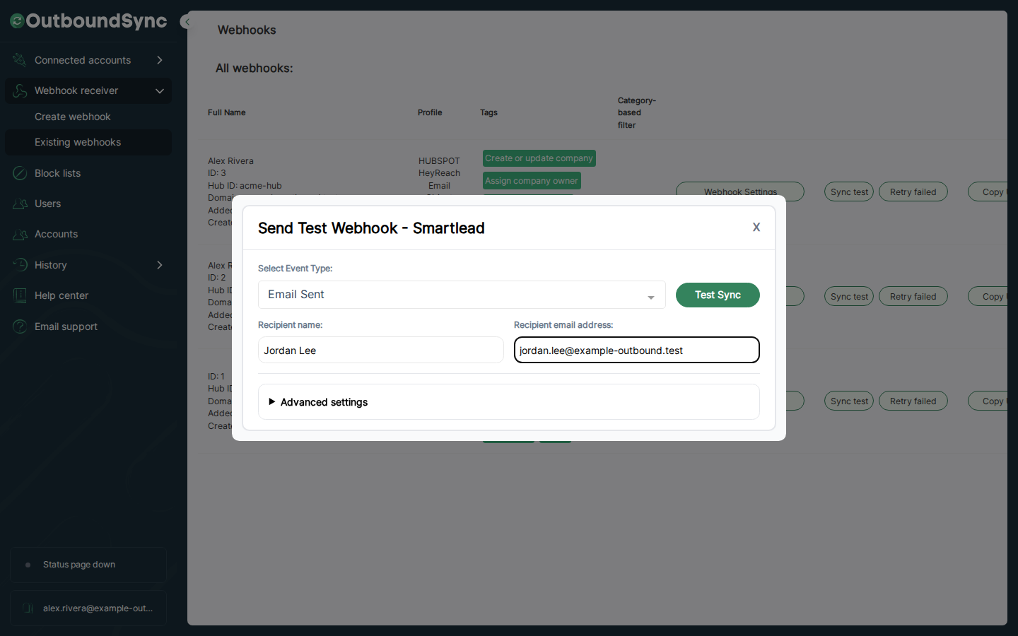 OutboundSync Testing Modal opened from Sync test on a Smartlead source in Sources, with Jordan Lee and jordan.lee@example-outbound.test filled in.