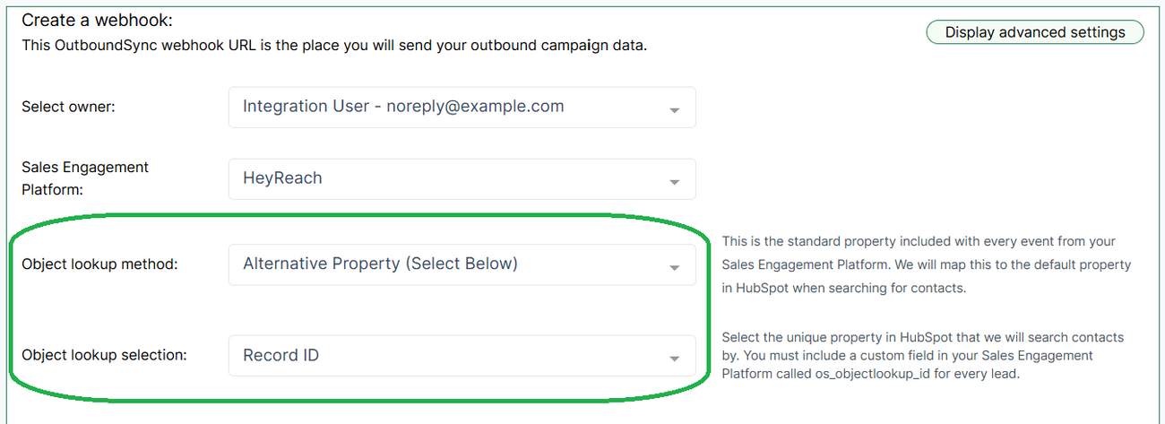 Lookup method options for HeyReach sync