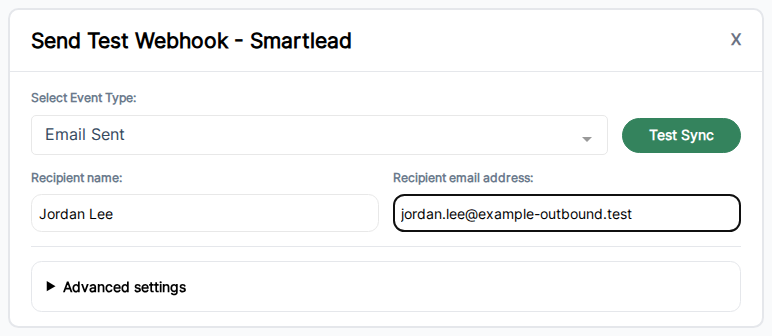 OutboundSync Testing Modal for Smartlead showing Email Sent event type, Test Sync, recipient name Jordan Lee, and email jordan.lee@example-outbound.test.
