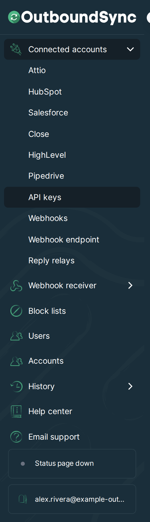 OutboundSync left sidebar with Connected accounts expanded and API keys selected for alex.rivera@example-outbound.test