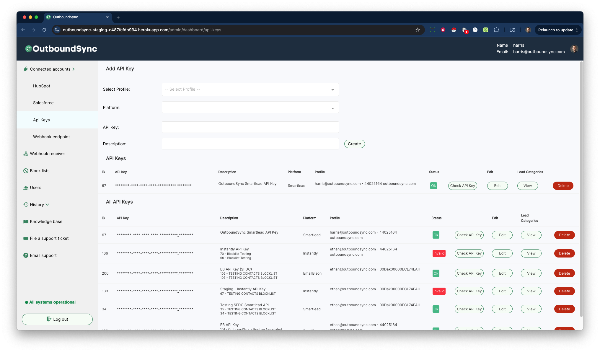 OutboundSync left sidebar with Connected Accounts highlighted