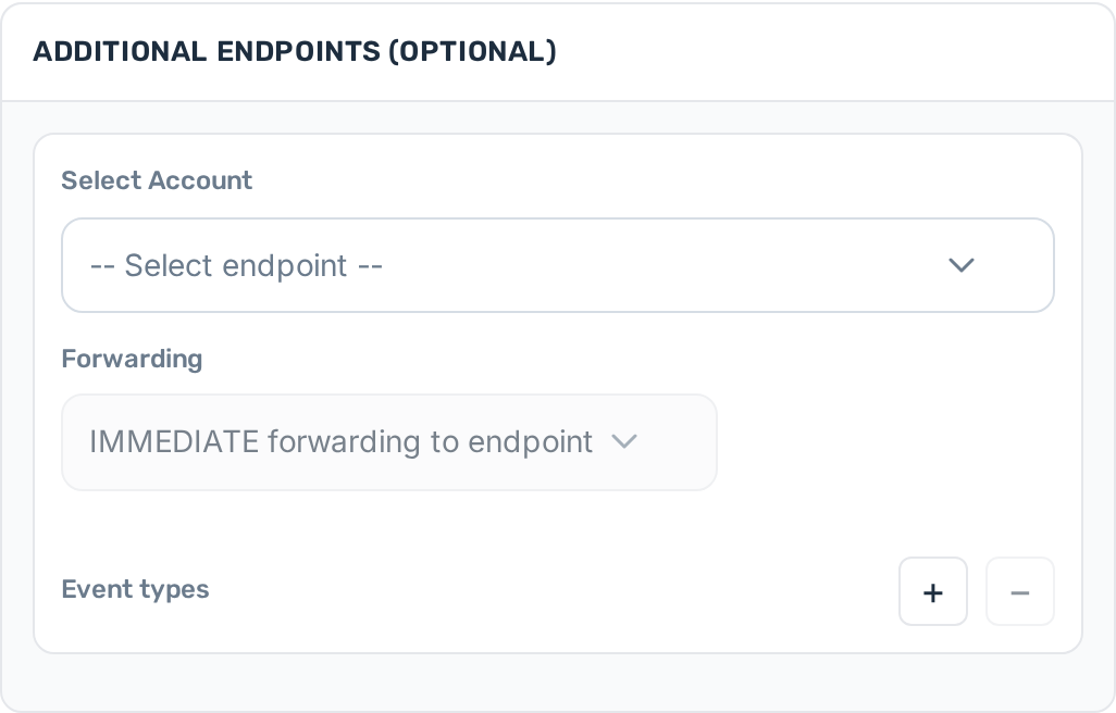 OutboundSync FORWARDING (OPTIONAL) section with Select Account placeholder, IMMEDIATE forwarding, and empty event types