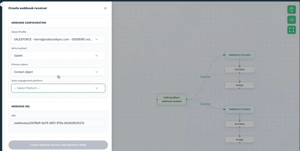 OutboundSync Create source modal with Salesforce profile selected and mapping canvas