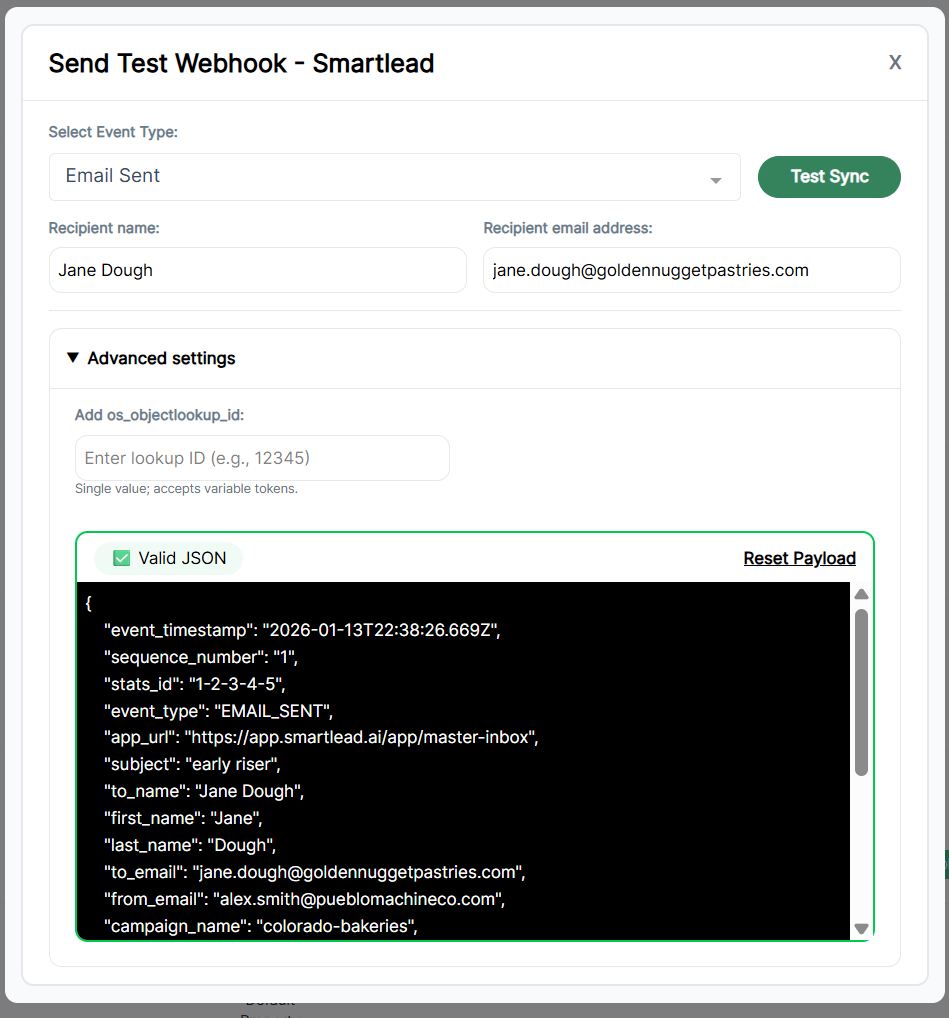 Testing Modal Advanced Settings expanded with payload JSON and optional lookup fields