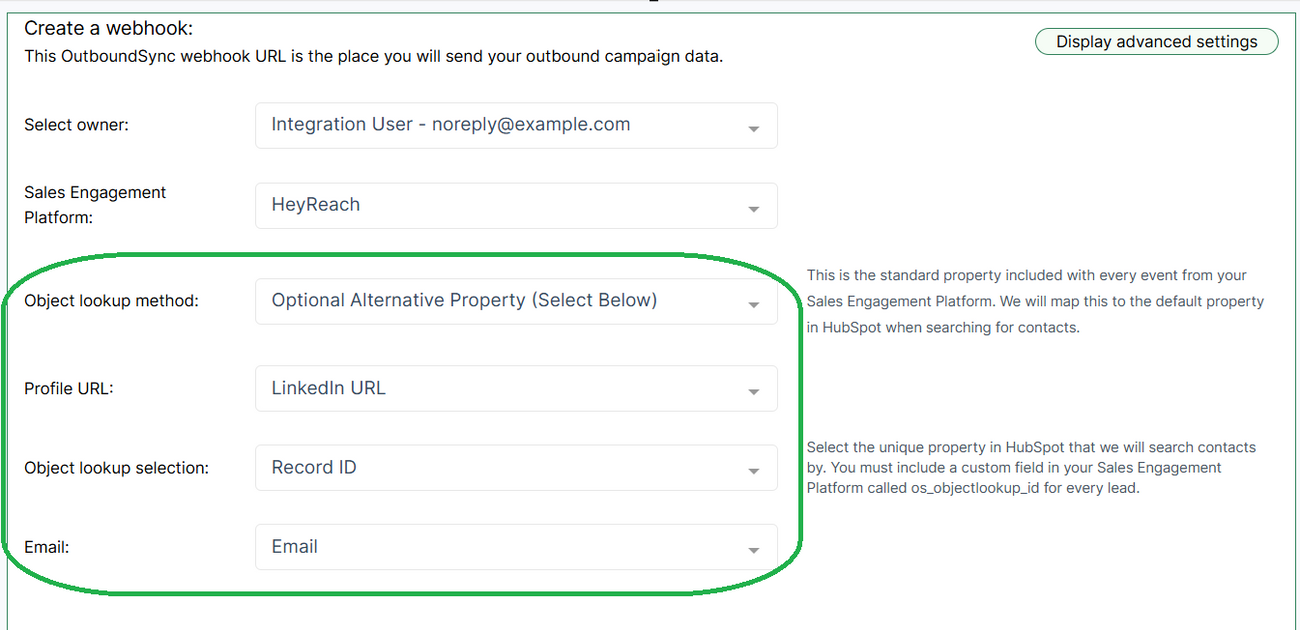 Lookup method options for HeyReach sync