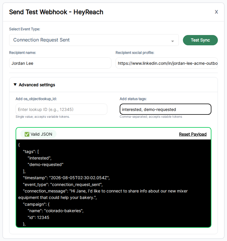 Testing Modal for HeyReach with Advanced settings open, Add status tags set to interested and demo-requested, and Valid JSON payload preview.