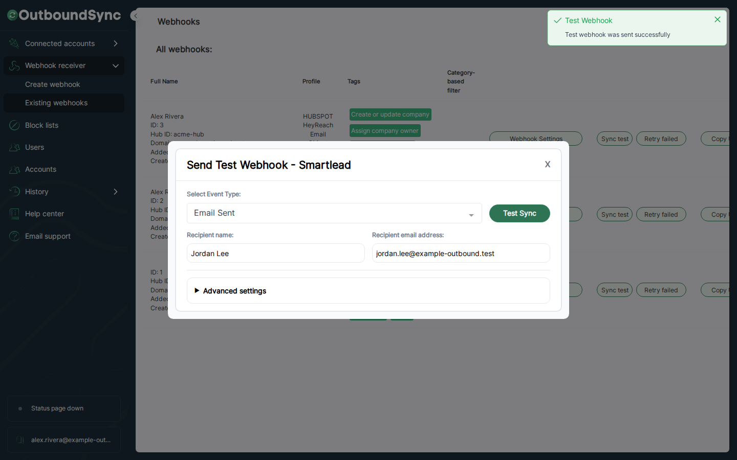 OutboundSync success toast reading Test webhook was sent successfully above the Smartlead Testing Modal for Jordan Lee.