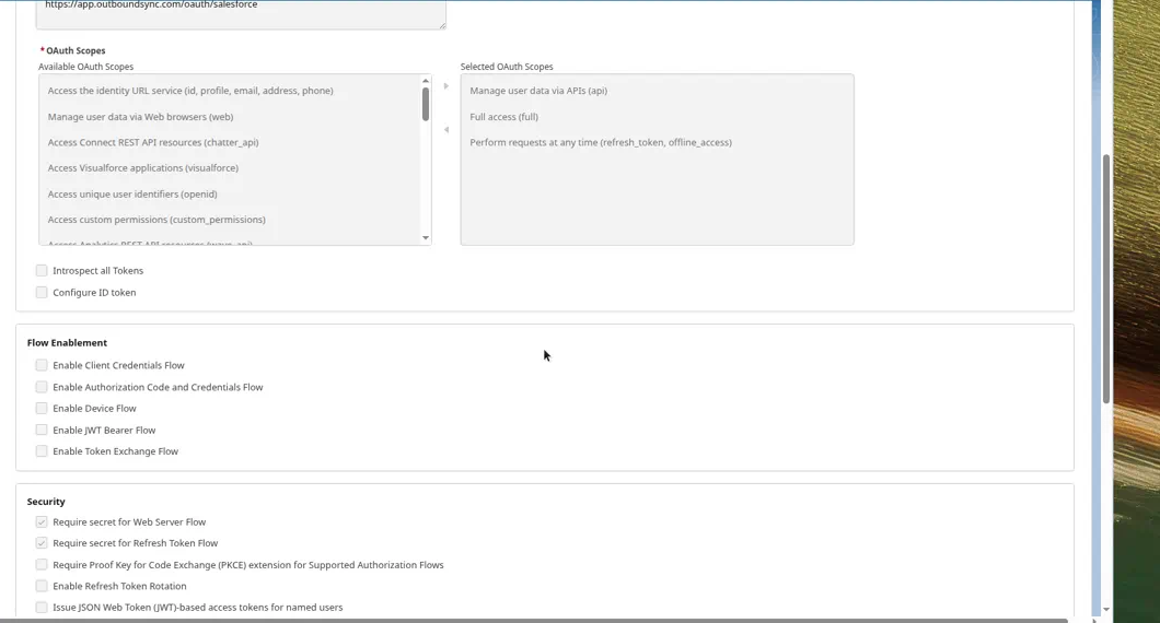 Salesforce External Client App OAuth settings with Enable OAuth, Callback URL, and selected scopes (api, full, refresh_token)