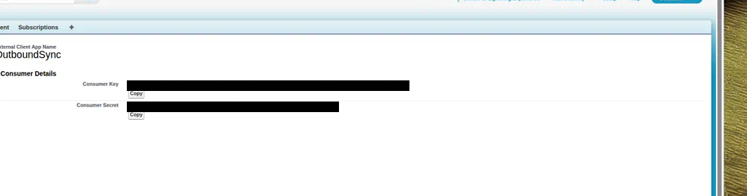 Salesforce Manage External Client App Consumer Details with Consumer Key and Consumer Secret (values redacted)