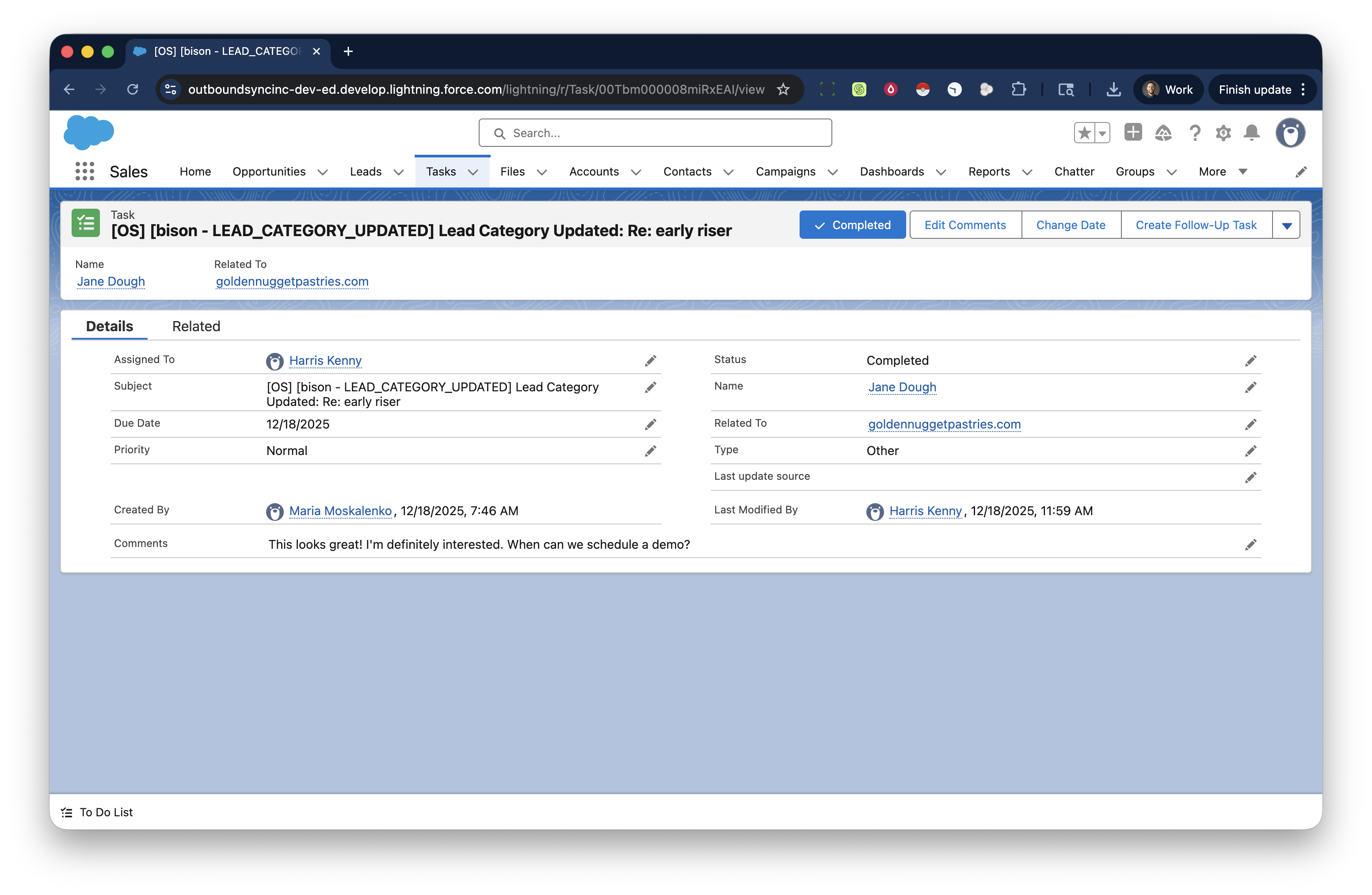 Screenshot of Salesforce task type options in OutboundSync