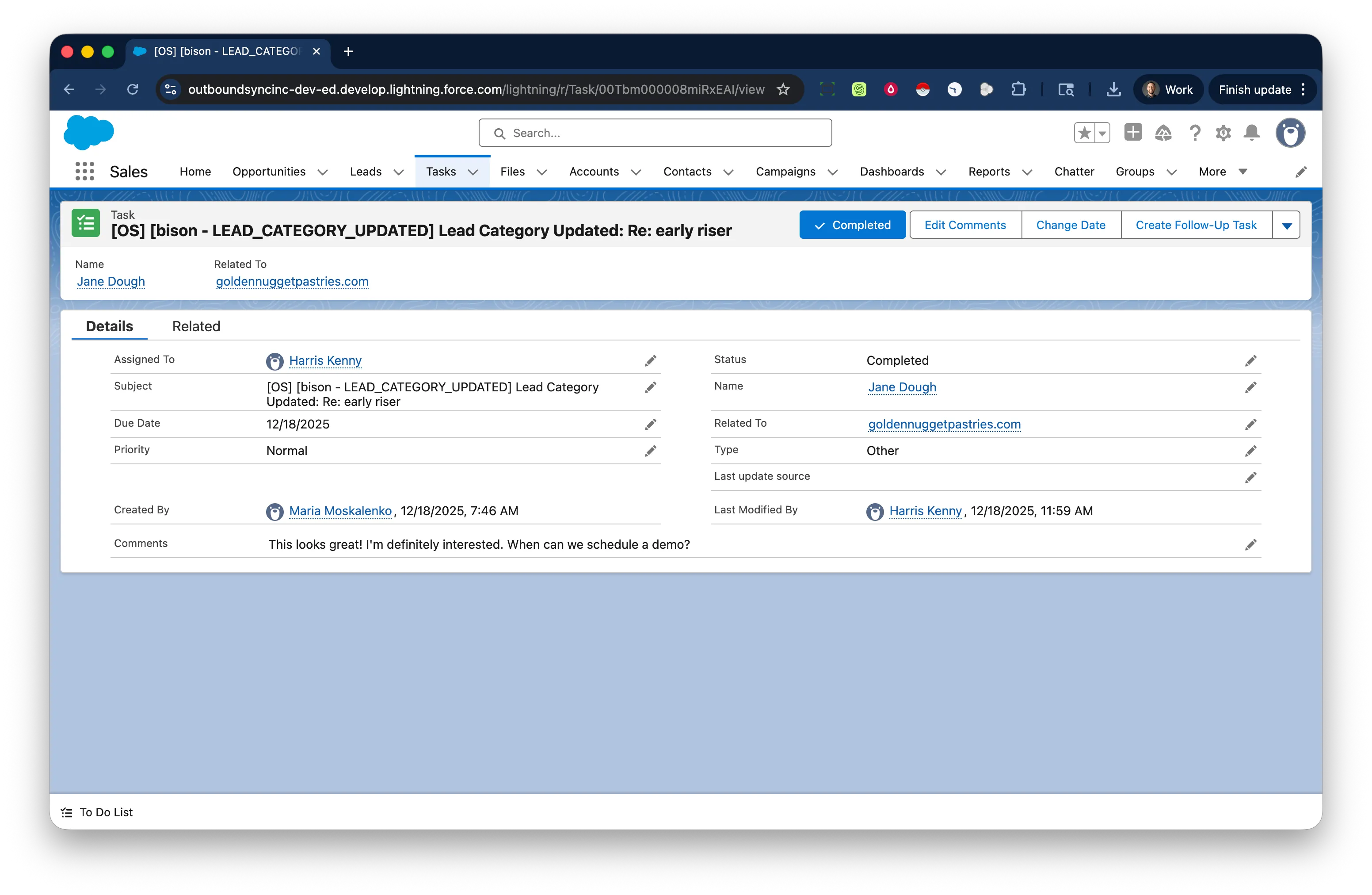 Screenshot of Salesforce task type options in OutboundSync