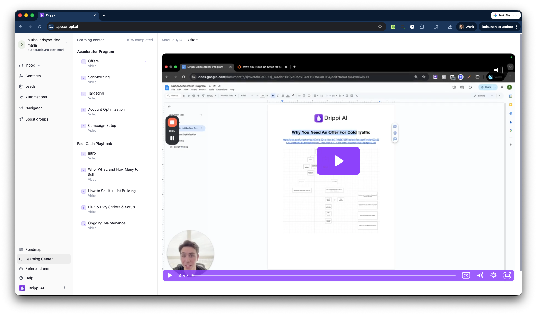 Drippi app showing campaign activity and learning center modules