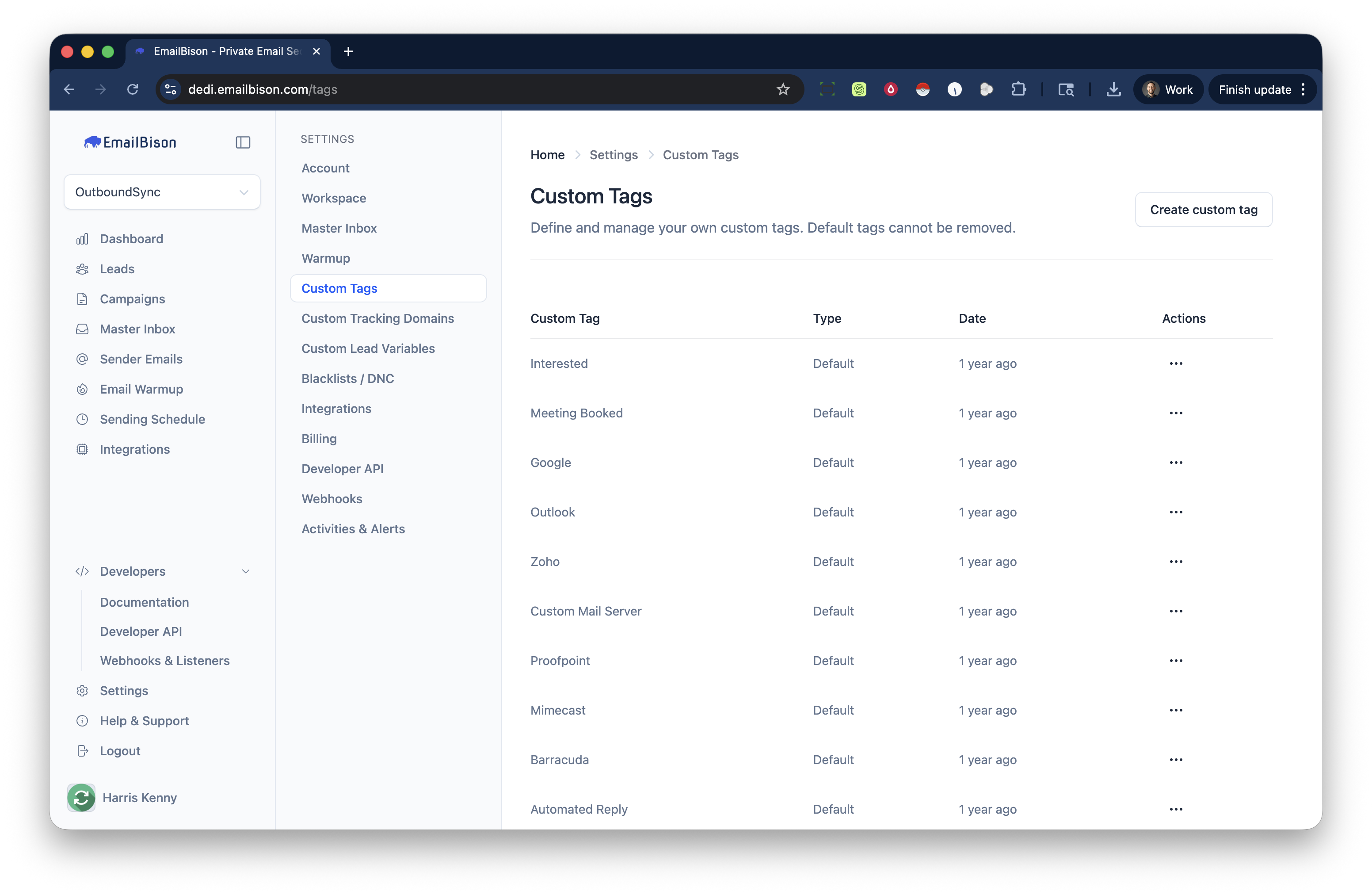 EmailBison Tag Attached event configuration in OutboundSync
