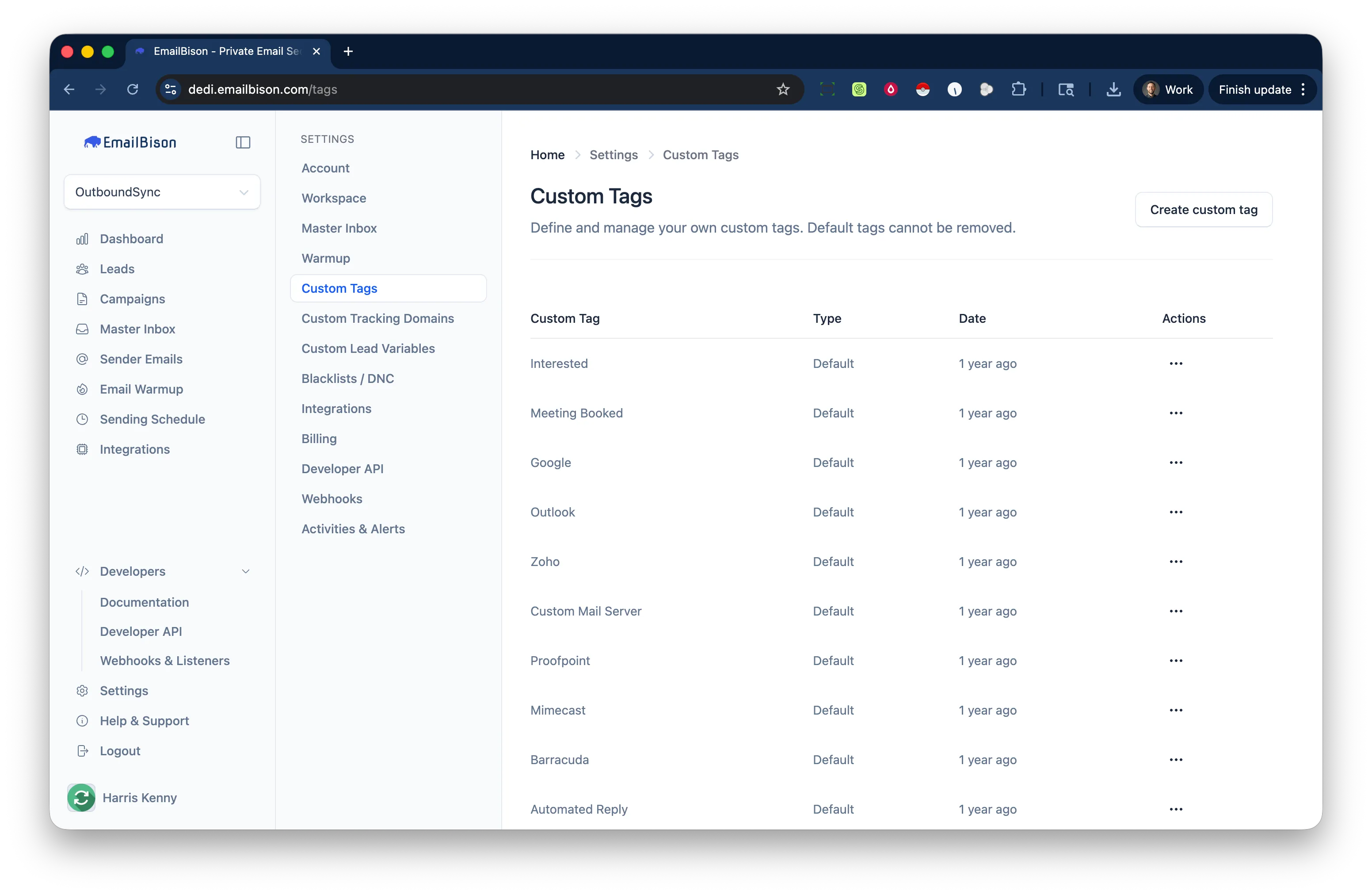 EmailBison Tag Attached event configuration in OutboundSync