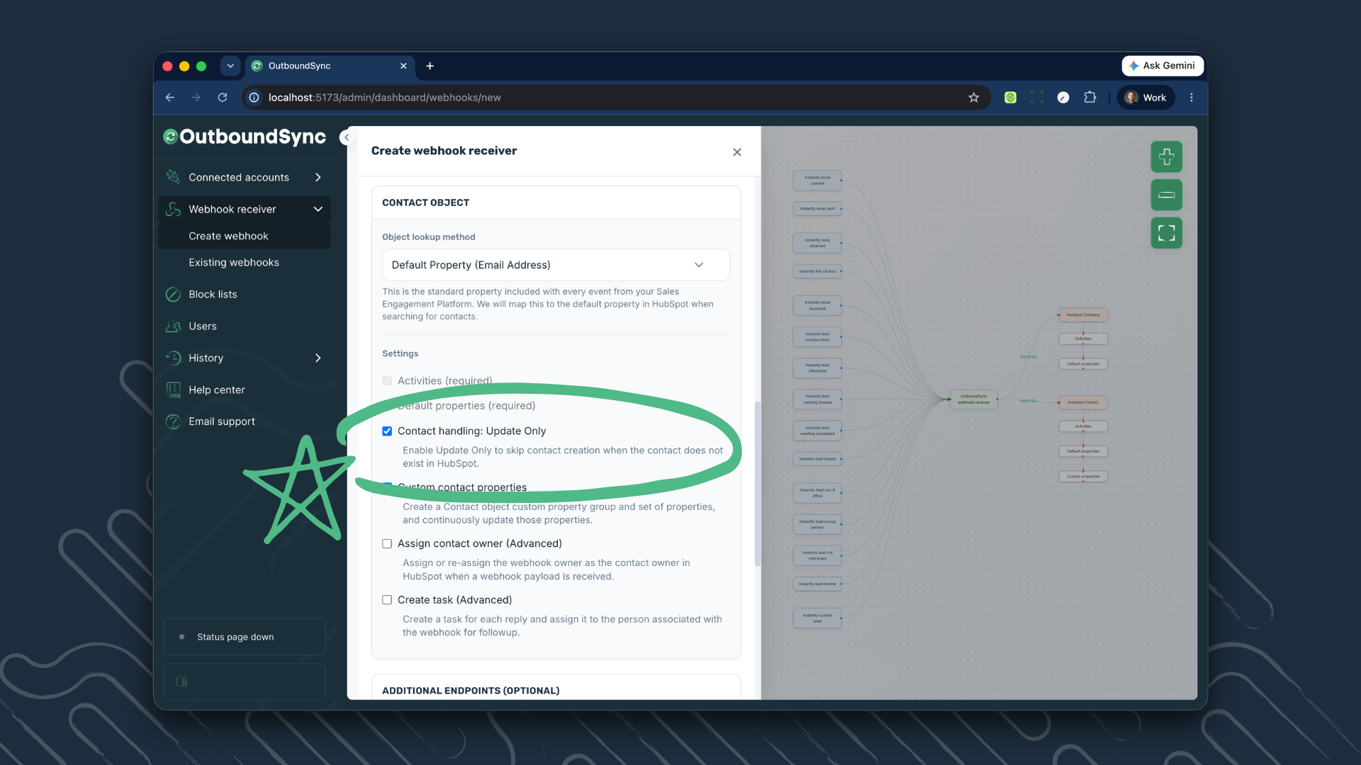Contact handling: Update Only highlighted in the OutboundSync webhook receiver settings