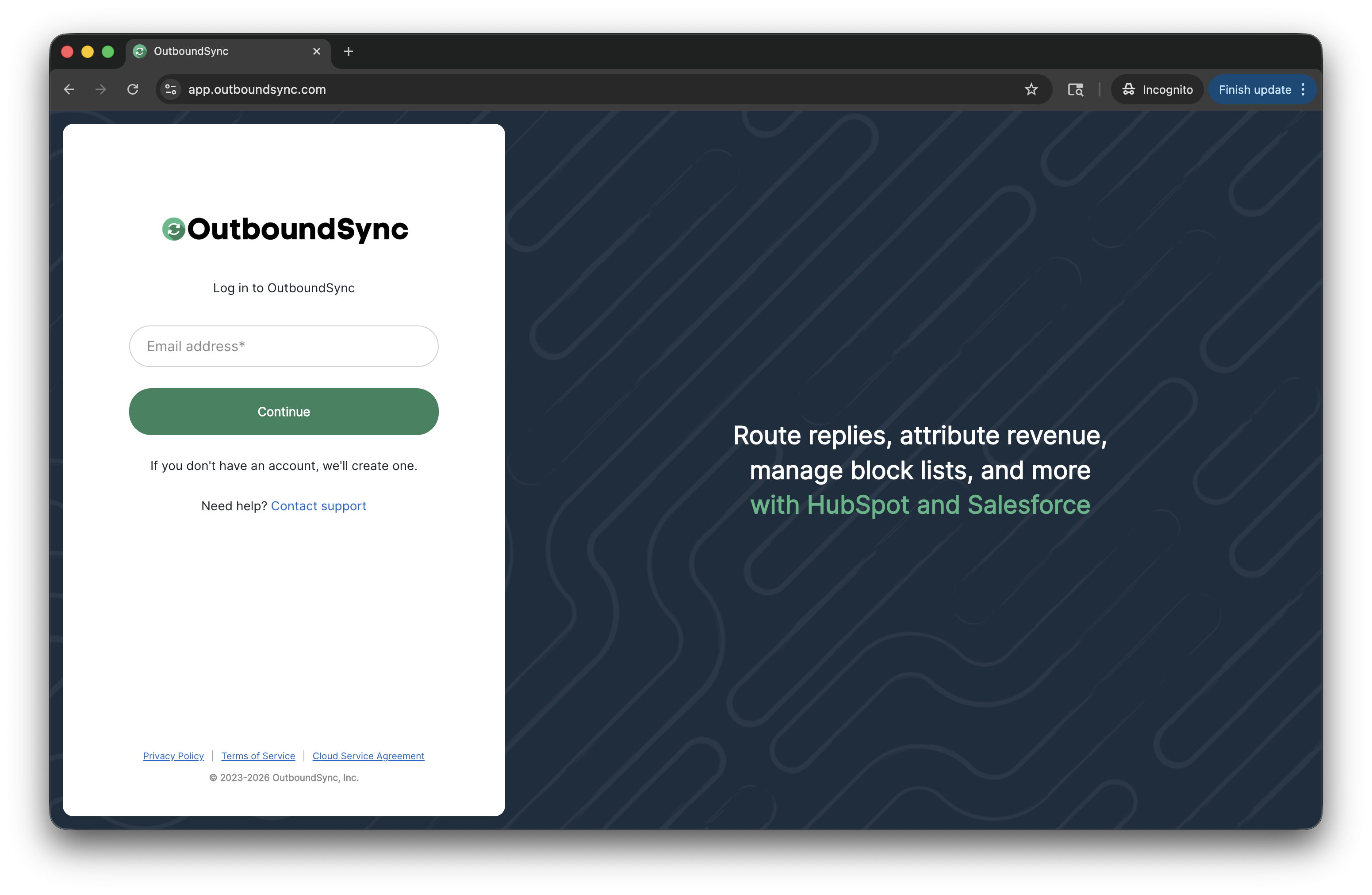 New OutboundSync login page