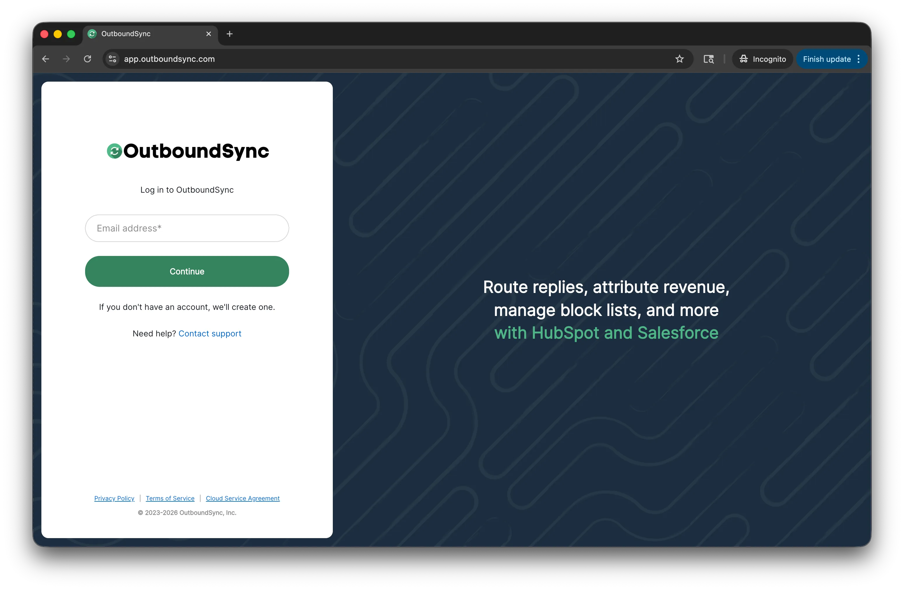 New OutboundSync login page
