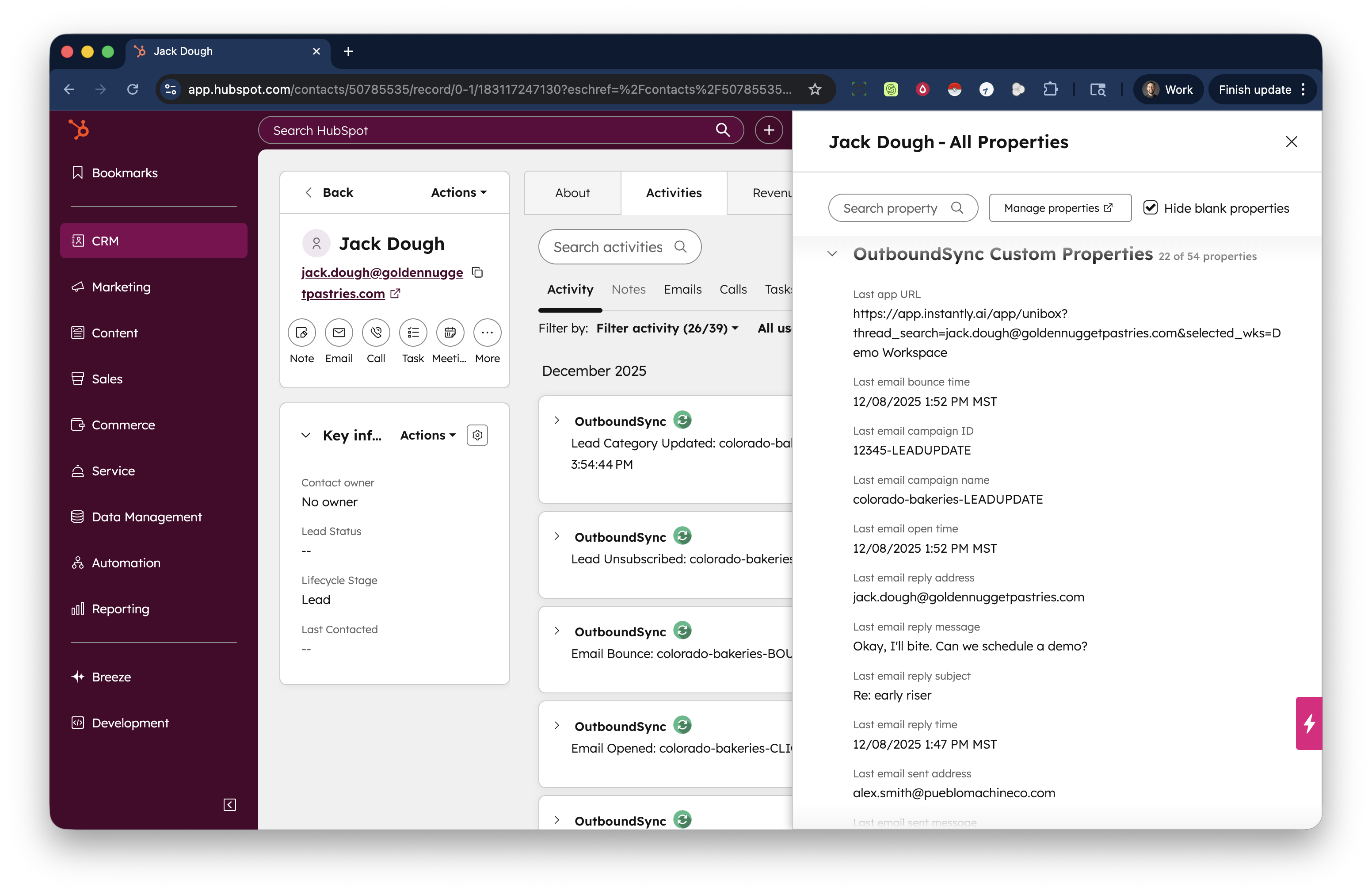 HubSpot custom contact properties created by OutboundSync