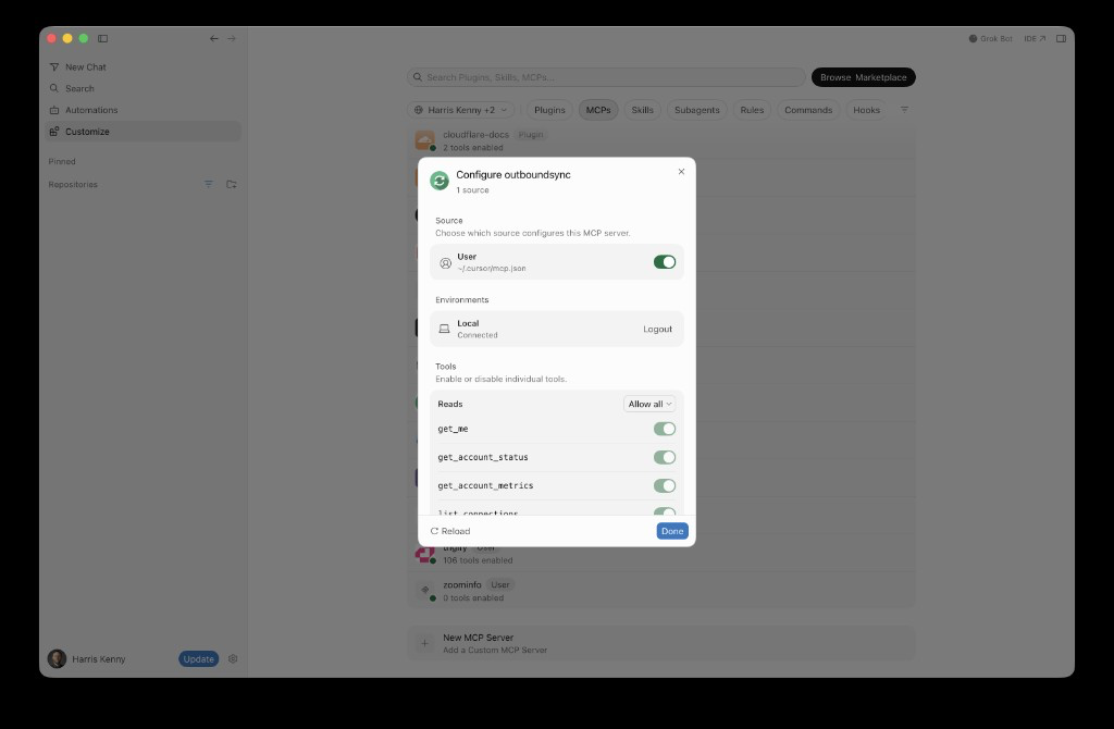 Cursor MCP settings for the hosted OutboundSync server, Local connected, with read tools such as get_me and get_account_status enabled