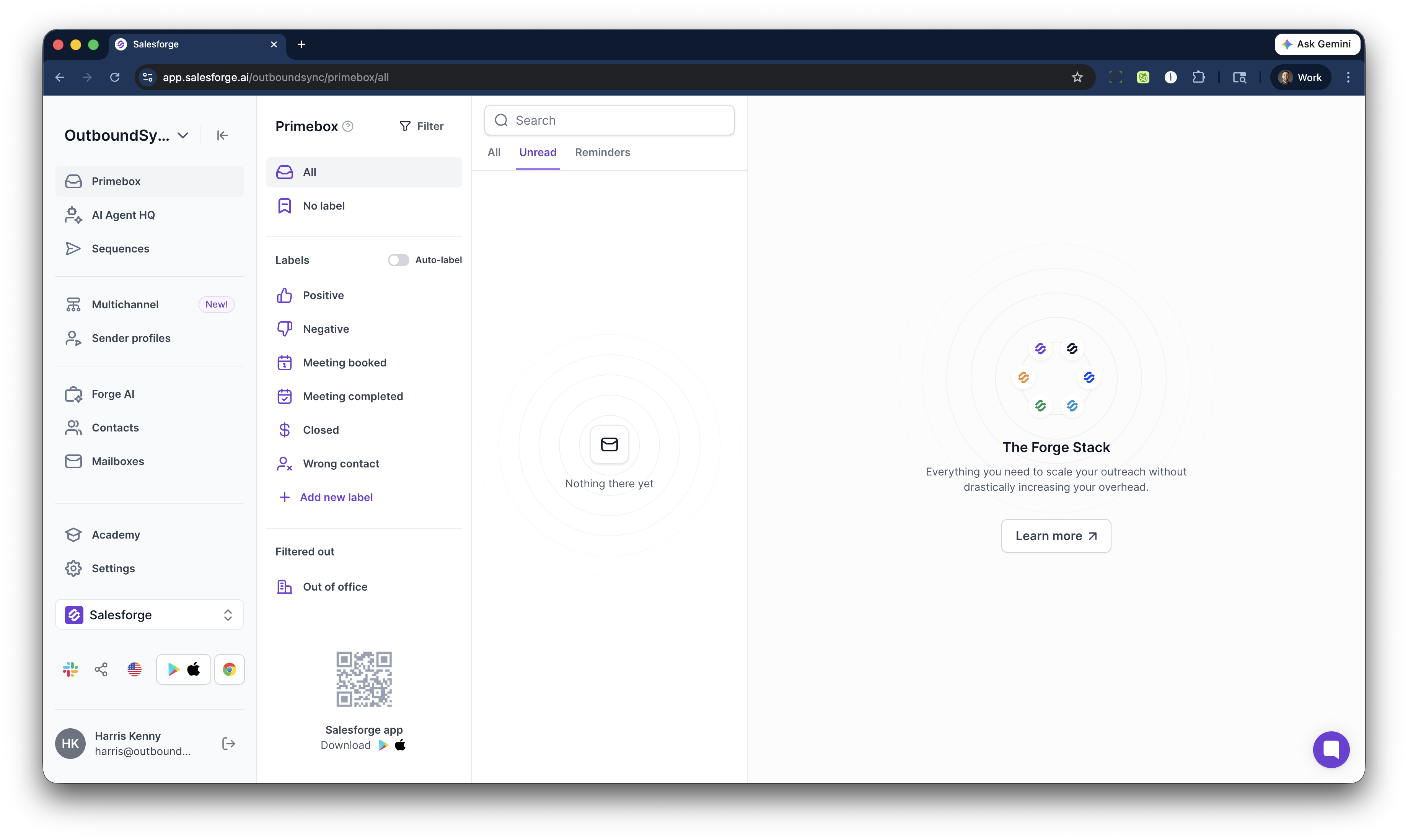 Salesforge app with OutboundSync configured in the workspace sidebar and Primebox inbox view