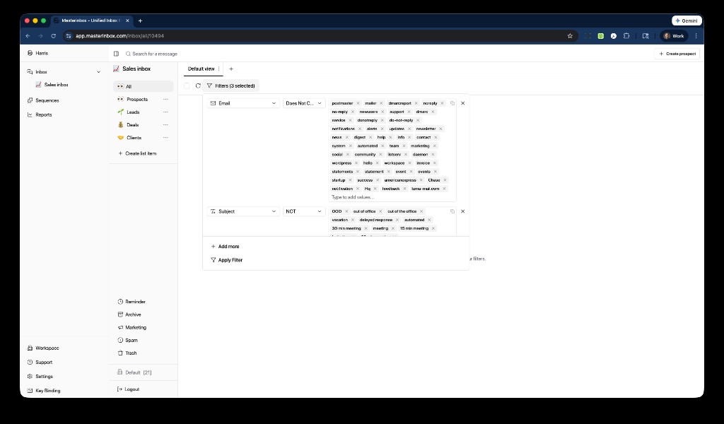 MasterInbox Sales inbox with filters for email and subject exclusions