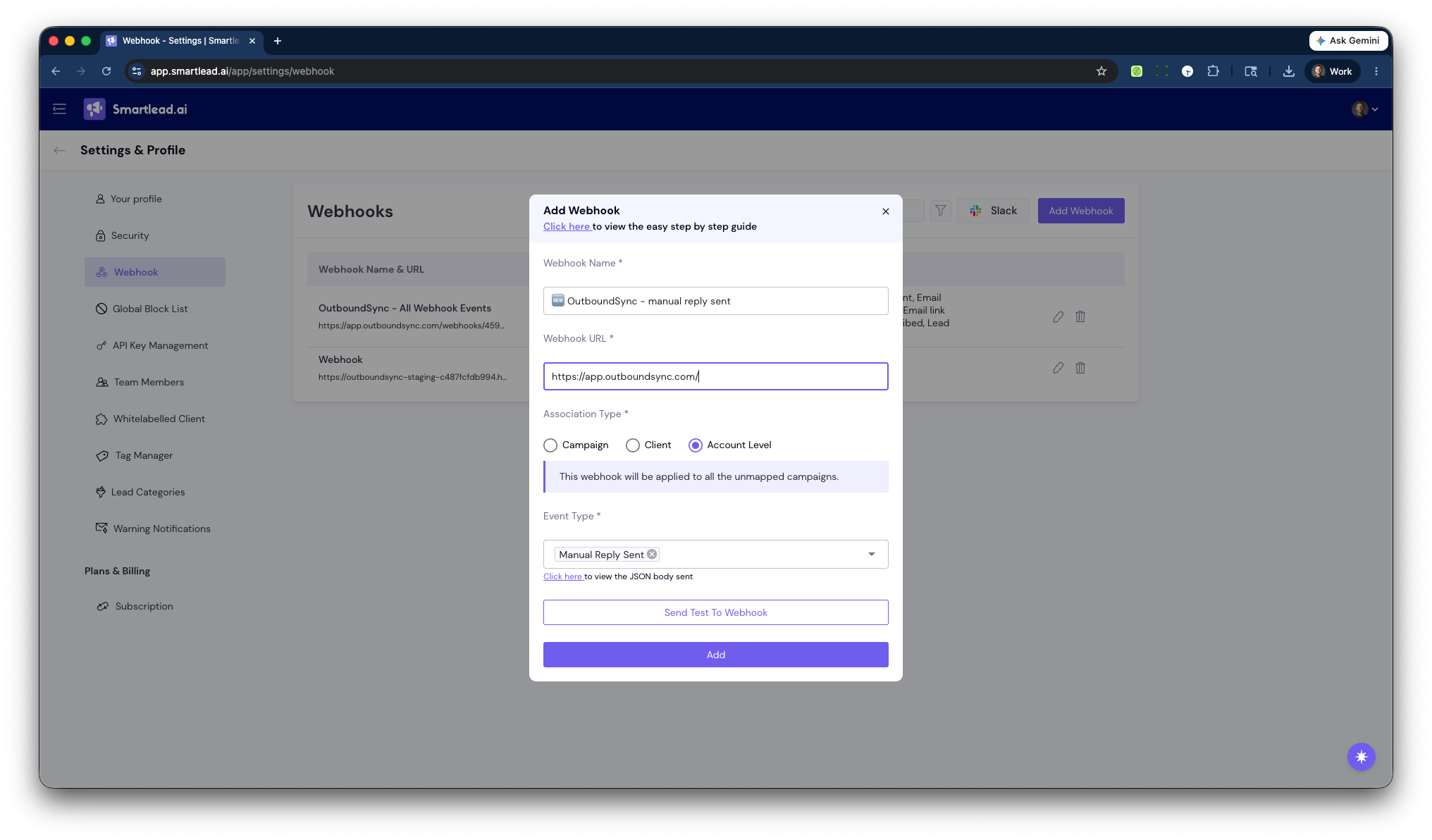 Smartlead Manual Reply Sent webhook configuration