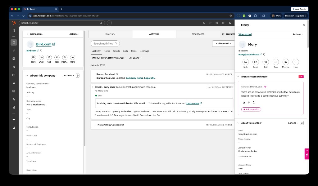 HubSpot contact with subdomain email linked to Bird.com company