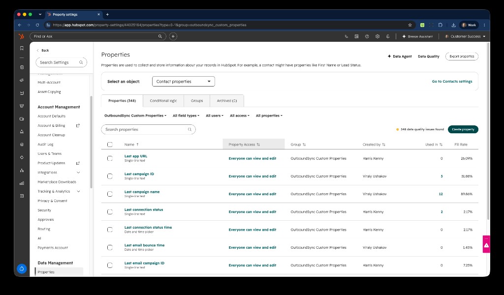 HubSpot contact property settings filtered to the OutboundSync Custom Properties group, including last campaign name, last connection status, and last email bounce time