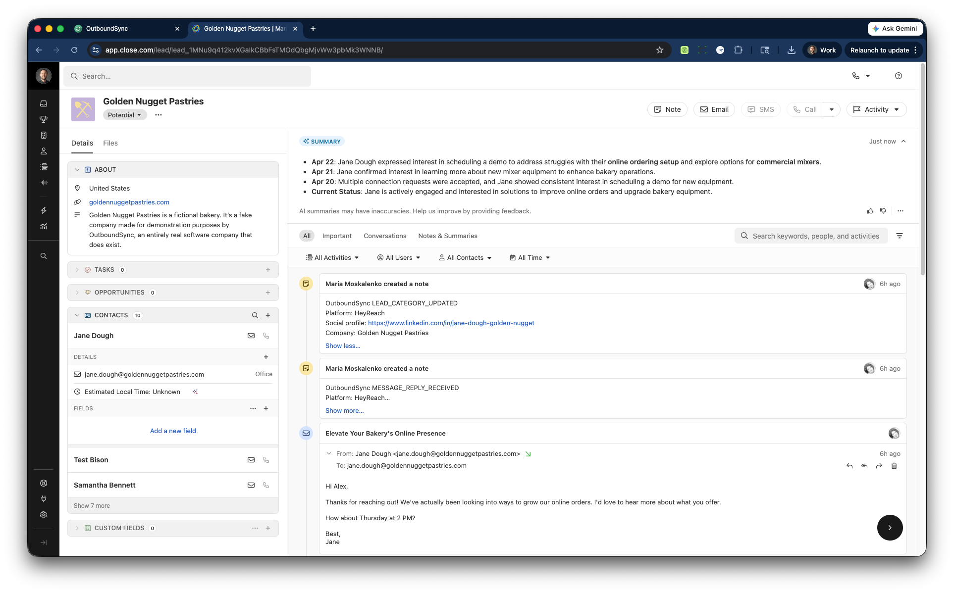 Close Lead timeline showing synced email and social activity from OutboundSync
