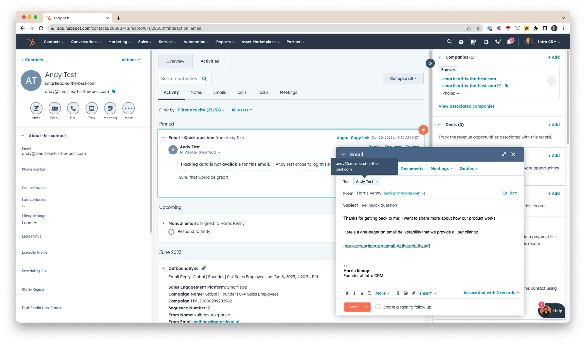 Contact record reply view in HubSpot