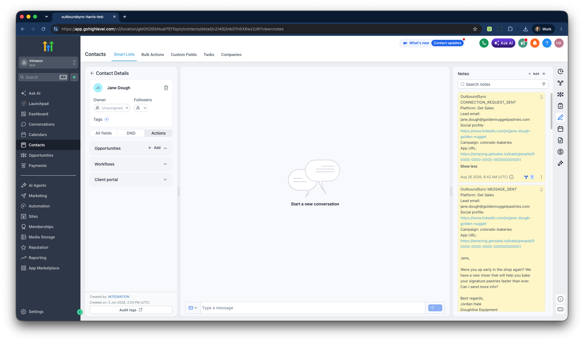 HighLevel Contact detail with OutboundSync Notes on the record