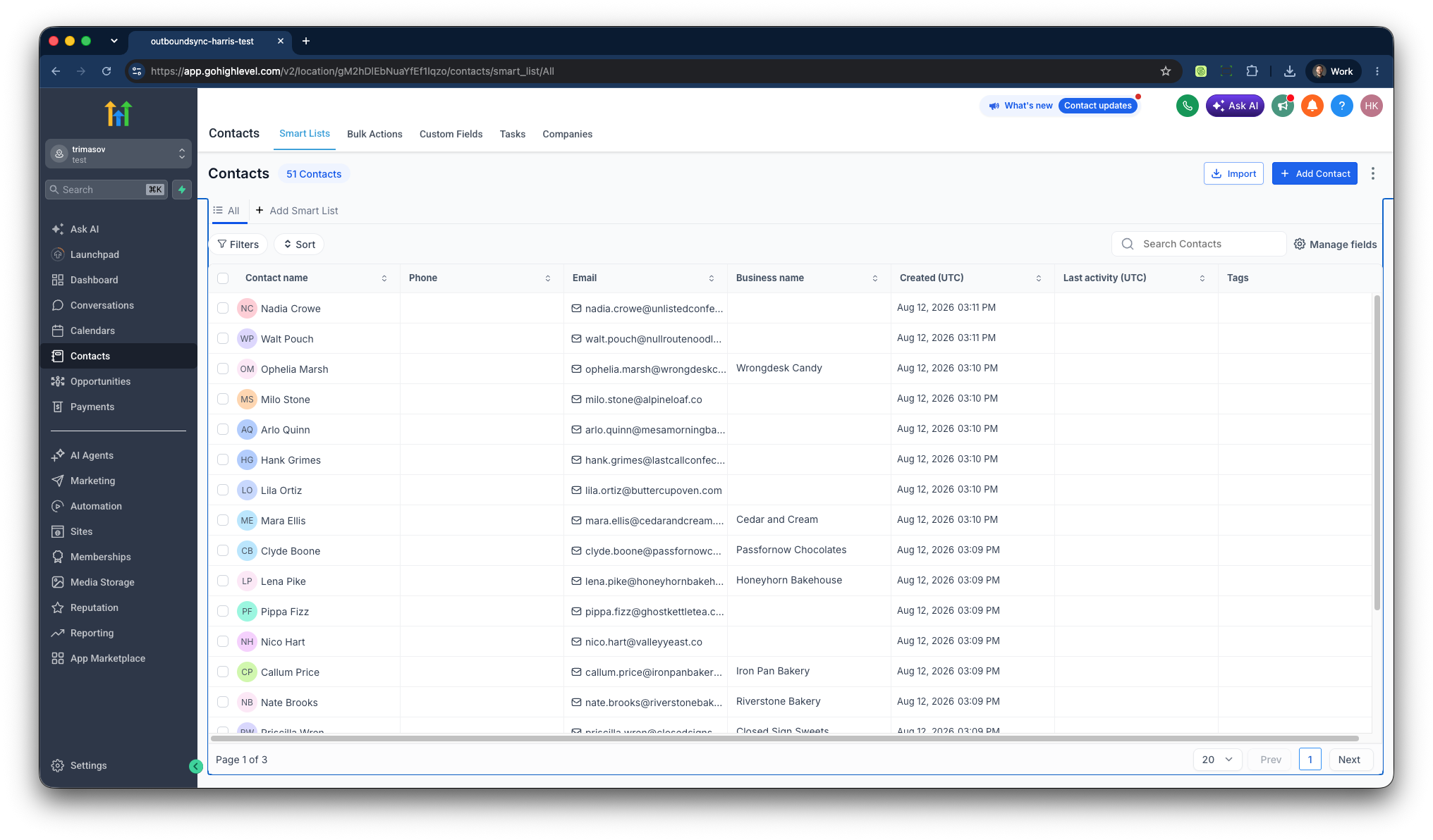 HighLevel contact list showing records OutboundSync can match and write Notes to