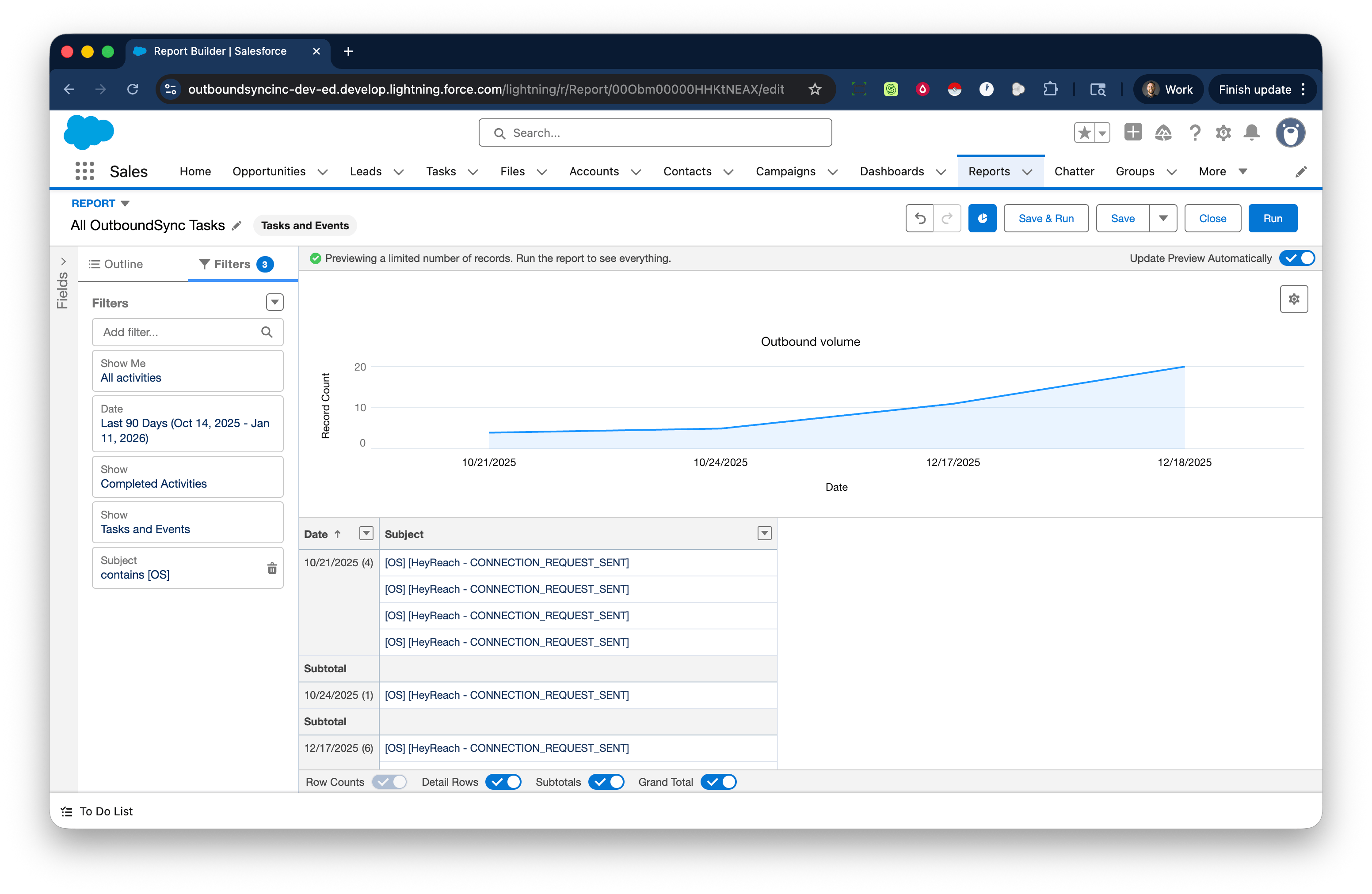 OutboundSync reporting dashboard in Salesforce