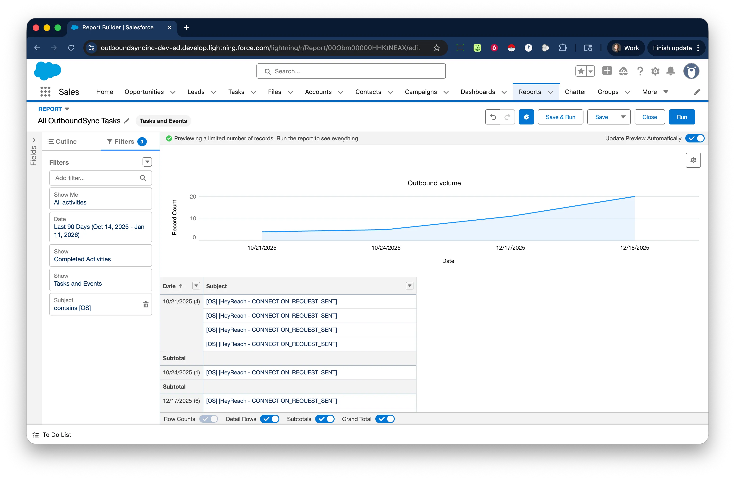 OutboundSync reporting dashboard in Salesforce